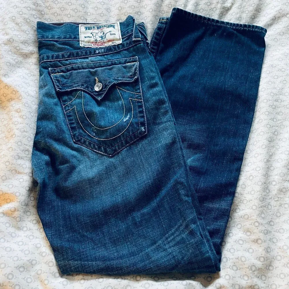 TRUE RELIGION STRAIGHT LEG MED WASH FLAP POCKET JEANS Sz 36